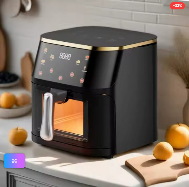 Friteuza cu Aer Cald – 10L, 2400W, Display Digital, Geam Transparent, Control Touch, 6 Funcții de Gătire, Negru