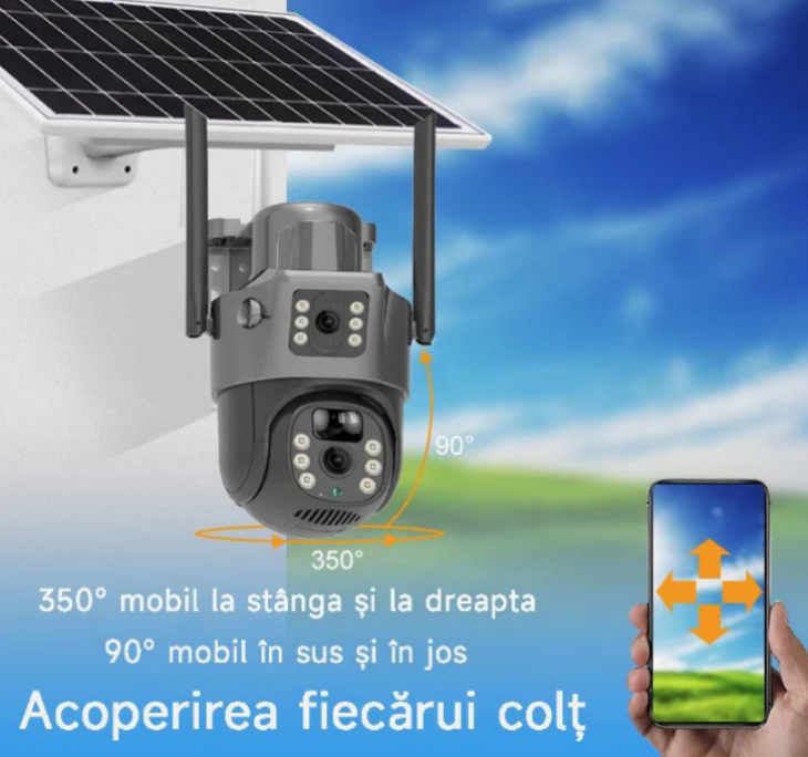 Camera Video de Supraveghere 4K - Cartela SIM / CONEXIUNE 4G SI Doua Lentile, Panou Solar