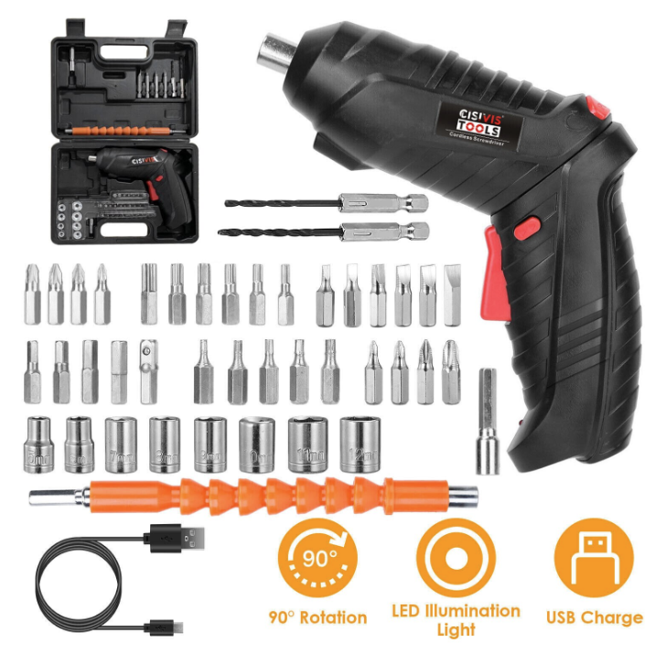 Set Surubelnita Electrica, 47 Piese, 3.5N/M 250RPM, Maner Rotativ 90°, LED, Incarcare USB, Multicolor