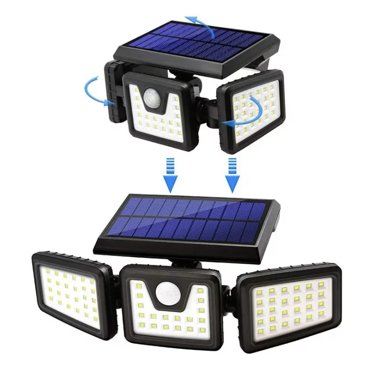 Lampa LED exterior panou solar, cu senzori de amurg, miscare si lumina, 3 capete reglabile, 74 x LED, 3 trepte intensitate