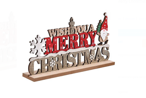 Decoratiune de Craciun Tablita din Lemn Wish You A Merry Christmas Gnome Fulg 29x15cm