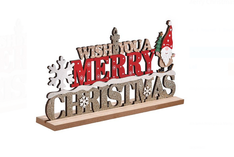 Decoratiune de Craciun Tablita din Lemn Wish You A Merry Christmas Gnome Fulg 29x15cm