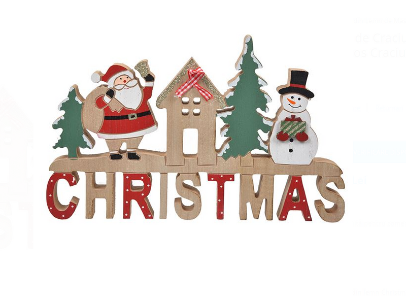 Decoratiune de Craciun Tablita din Lemn Christmas Mos Craciun Casa Om de Zapada 28x17cm