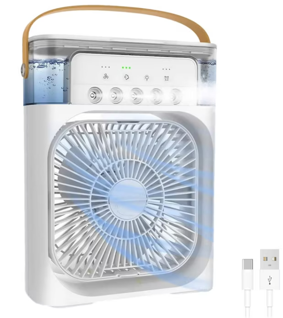 Ventilator 5 in 1, Purificare si Umidificare Aer, Odorizare, Rezervor Apa 600 ml, Temporizator, 3 Trepte de Viteza, 3 Trepde Pulverizare, Conectivitate USB, Picioare Anti-derapante, 22.5 x 15 x 7 cm, Alb