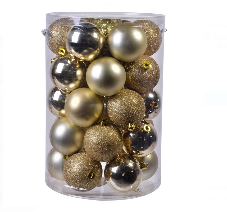 Set Globuri de Craciun Aurii Mat Stralucitoare cu Glitter 7cm - 30buc