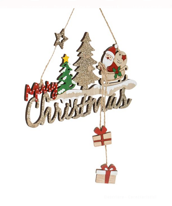 Decoratiune Suspendabila din Lemn de Craciun Mos Craciun Sanie Merry Christmas 18cm