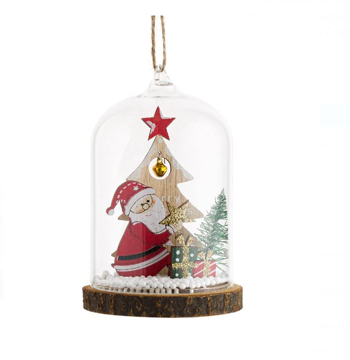 Ornament pentru Brad de Craciun Cupola de Sticla cu Mos Craciun Brad Zapada 7x11cm