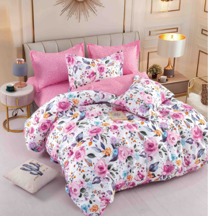 Lenjerie de pat dublu, Cearceaf cu elastic, 6 Piese, Roz cu flori