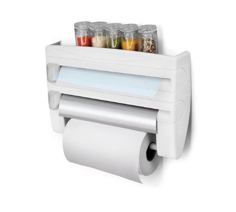 Dispenser de Bucatarie 4 in 1: Organizator pentru Rola de Hartie, Folie de Aluminiu, Folie Alimentara si Suport pentru Condimente