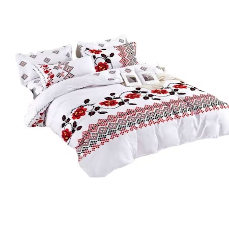 Lenjerie de pat, bumbac finet, pentru 2 persoane, 6 piese, model traditional, alb floral