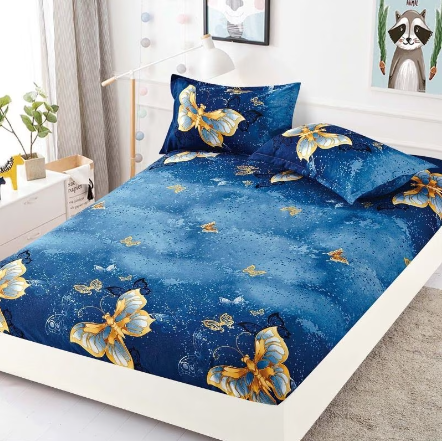 Husa de pat dublu, cu elastic, Imprimeu Fluturi Aurii, 3 piese, 2 persoane, 180x200cm, Finet