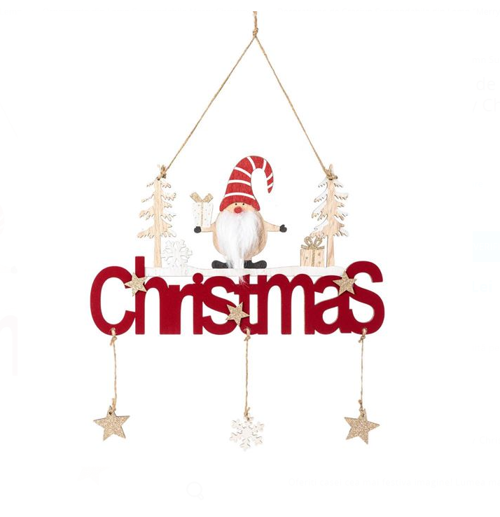 Decoratiune de Craciun Suspendabila din Lemn "Merry Christmas" Gnome Catifea Bordo 30cm