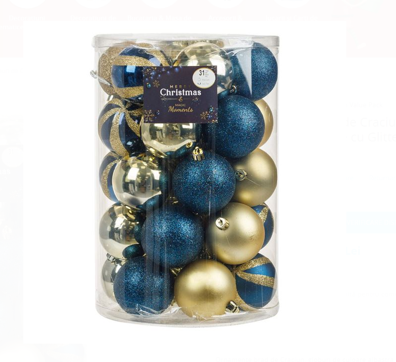 Set Globuri de Craciun Albastre Aurii Mate Stralucitoare cu Glitter 7cm & Beteala - 31buc