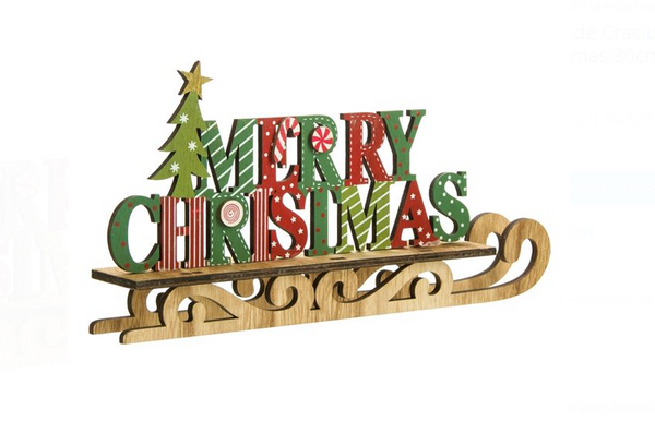 Decoratiune de Craciun din Lemn Sanie cu Merry Christmas 30cm
