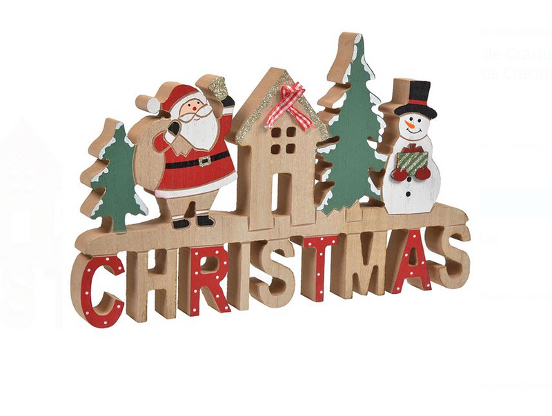Decoratiune de Craciun Tablita din Lemn Christmas Mos Craciun Casa Om de Zapada 28x17cm