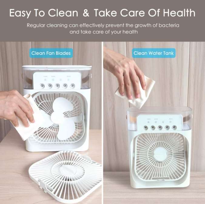 Ventilator 5 in 1, Purificare si Umidificare Aer, Odorizare, Rezervor Apa 600 ml, Temporizator, 3 Trepte de Viteza, 3 Trepde Pulverizare, Conectivitate USB, Picioare Anti-derapante, 22.5 x 15 x 7 cm, Alb