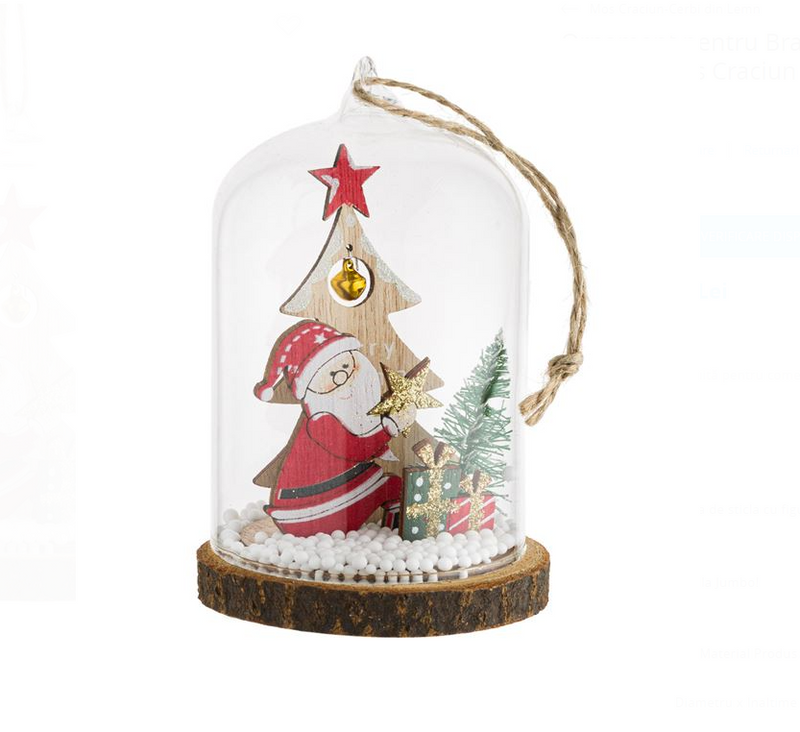 Ornament pentru Brad de Craciun Cupola de Sticla cu Mos Craciun Brad Zapada 7x11cm