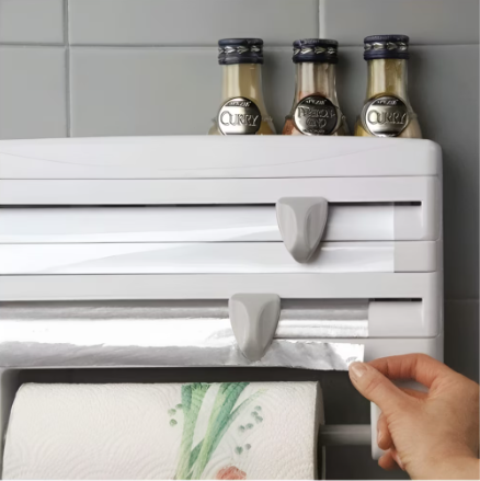 Dispenser de Bucatarie 4 in 1: Organizator pentru Rola de Hartie, Folie de Aluminiu, Folie Alimentara si Suport pentru Condimente
