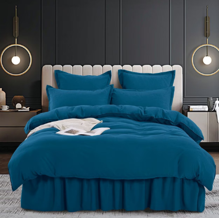 Set lenjerie de pat cu volan, uni, din finet gros, 6 piese, pat 2 persoane, 200x210 cm, albastru marin, FNVJ-03