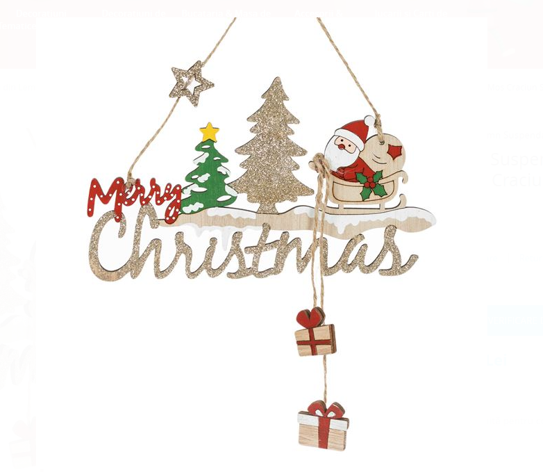 Decoratiune Suspendabila din Lemn de Craciun Mos Craciun Sanie Merry Christmas 18cm