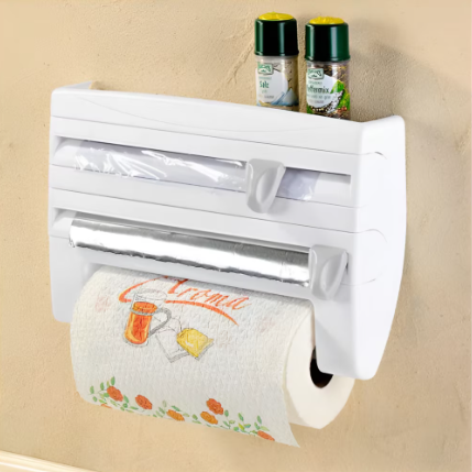 Dispenser de Bucatarie 4 in 1: Organizator pentru Rola de Hartie, Folie de Aluminiu, Folie Alimentara si Suport pentru Condimente