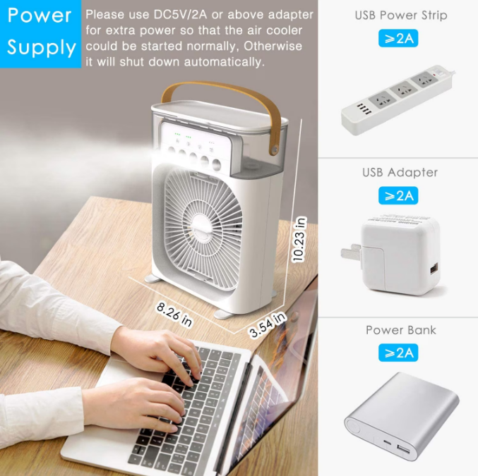 Ventilator 5 in 1, Purificare si Umidificare Aer, Odorizare, Rezervor Apa 600 ml, Temporizator, 3 Trepte de Viteza, 3 Trepde Pulverizare, Conectivitate USB, Picioare Anti-derapante, 22.5 x 15 x 7 cm, Alb