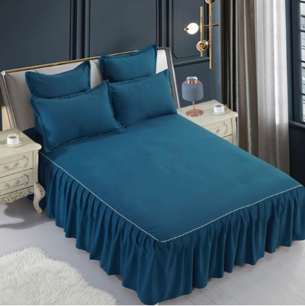 Set lenjerie de pat cu volan, uni, din finet gros, 6 piese, pat 2 persoane, 200x210 cm, albastru marin, FNVJ-03