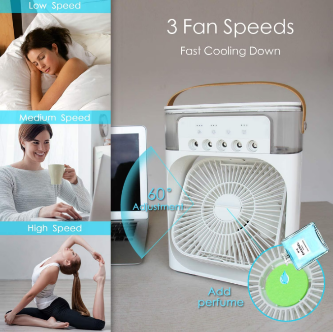 Ventilator 5 in 1, Purificare si Umidificare Aer, Odorizare, Rezervor Apa 600 ml, Temporizator, 3 Trepte de Viteza, 3 Trepde Pulverizare, Conectivitate USB, Picioare Anti-derapante, 22.5 x 15 x 7 cm, Alb