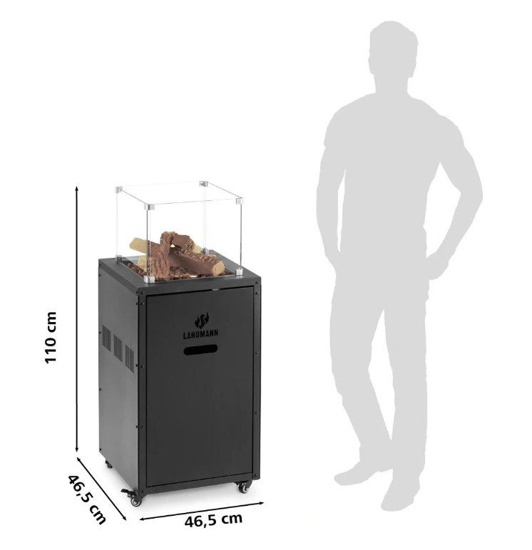 Incalzitor terasa gaz, Landmann 04514, 8000 W, cu roca vulcanica, inox si sticla, cu roti deplasare, H 110 cm