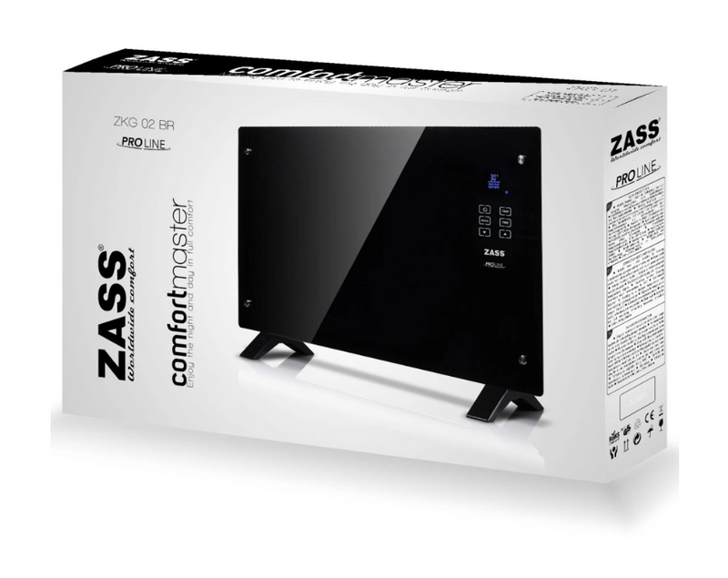 Convector electric Zass ZKG 02 BR, 3 trepte, 2000 W, corp din sticla securizata, panou de control tactil, afisaj LCD cu iluminare albastra, functie Frost, blocare pentru copii, telecomanda, negru