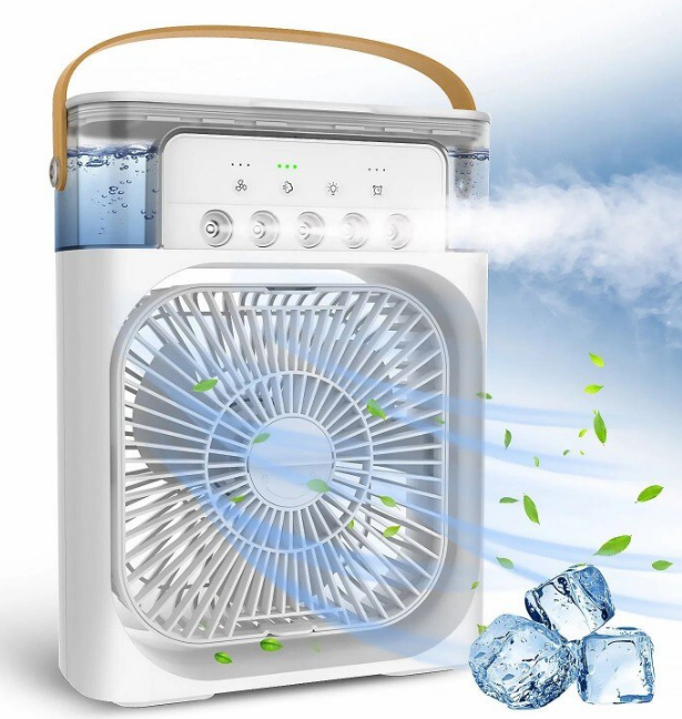 Ventilator 5 in 1, Purificare si Umidificare Aer, Odorizare, Rezervor Apa 600 ml, Temporizator, 3 Trepte de Viteza, 3 Trepde Pulverizare, Conectivitate USB, Picioare Anti-derapante, 22.5 x 15 x 7 cm, Alb