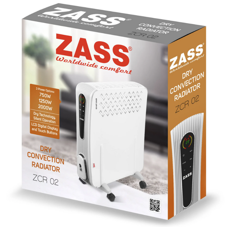 Convector electric Zass ZCR 02, 3 trepte, 2000 W, 150 x 580 x 540 mm, termostat reglabil, display digital LED, control touch, temporizator, telecomanda, alb