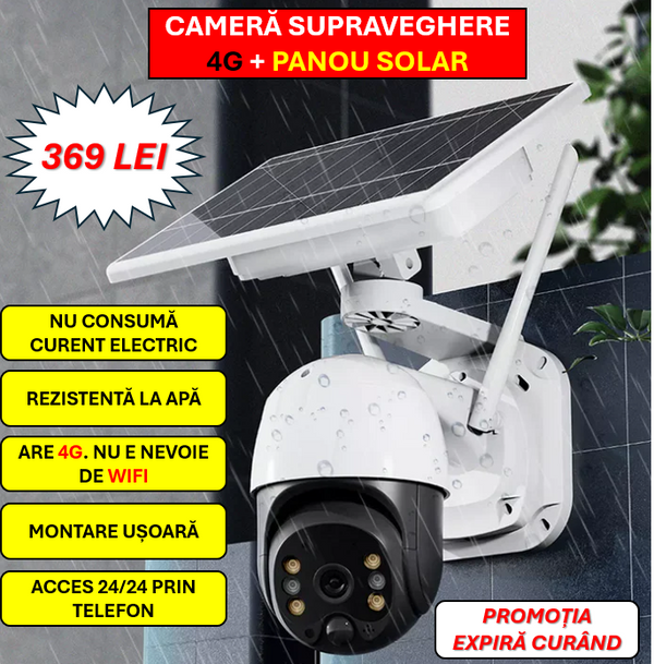 Camera Supraveghere video cu SIM, conexiune 4G, 5MP, ZOOM 10x cu panou solar, acumulatori inclusi 8000mah, intelligent tracking, Micro SD, Rotire, Alarma miscare, Interior - Exterior