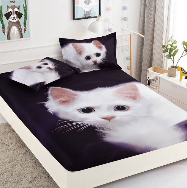 Husa de pat cu elastic si 2 fete de perna pentru pat dublu, 212x250 cm, 3 piese, imprimeu 3D, alb/negru, Kitten, HBF-191