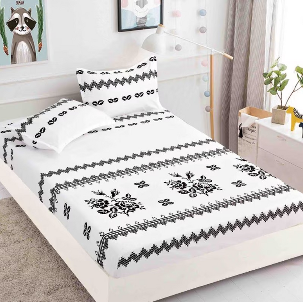 Husa de pat dublu, cu elastic, imprimeu Traditional, M3, 3 piese, 2 persoane, 180x200cm, Finet