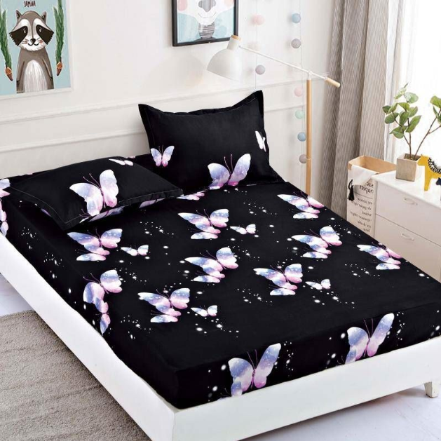 Husa de pat dublu, cu elastic, imprimeu Fluturi, 3 piese, 2 persoane, 180x200cm, Finet