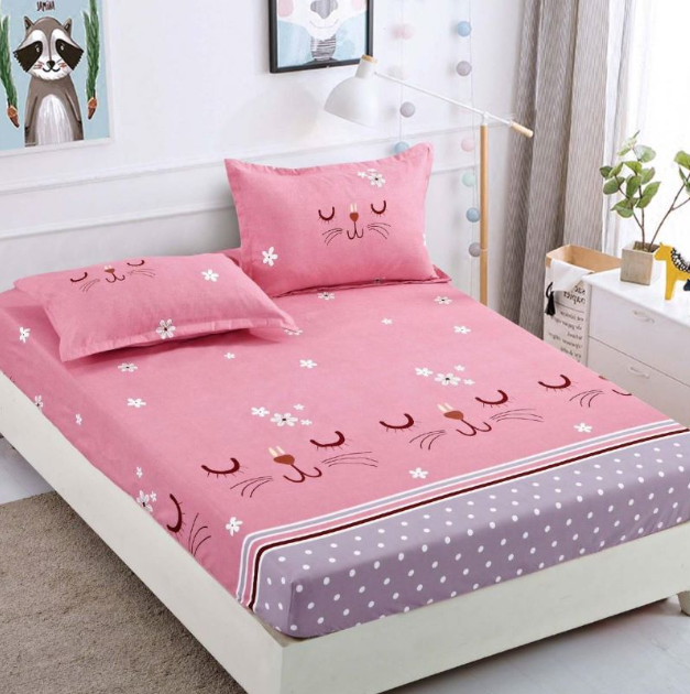 Husa de pat dublu, cu elastic, imprimeu Pisicuta, 3 piese, 2 persoane, 180x200cm, Finet