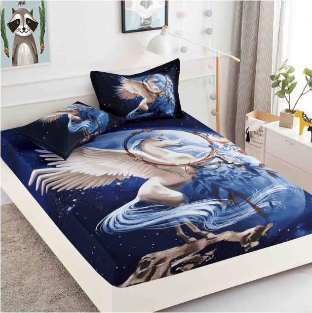 Husa de pat si fete de perne, Finet, 3 piese, 2 persoane, imprimeu 3D Pegasus, 160x200cm
