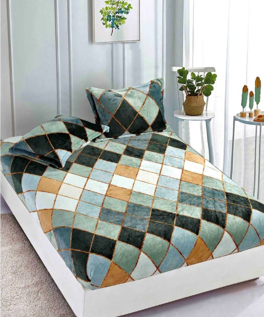 Husa cu elastic pentru pat dublu, imprimeu Geometric, 3 piese, 2 persoane, Cocolino, 180x200cm