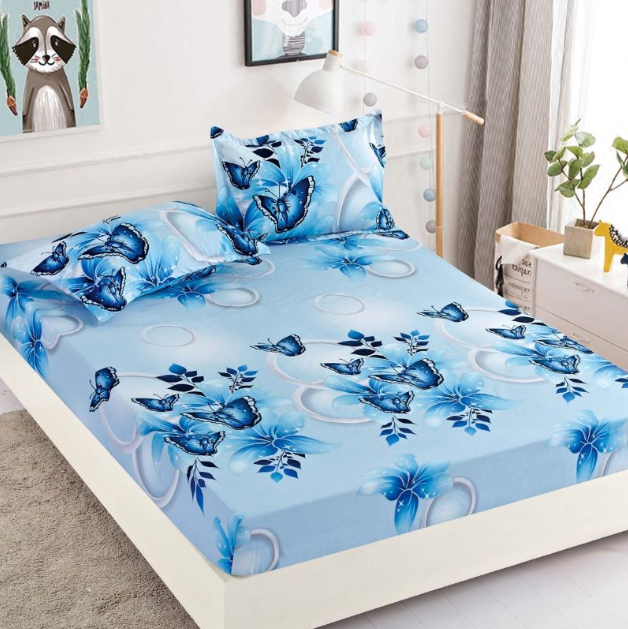 Husa de pat dublu, cu elastic, imprimeu Fluturi si Baloane de Sapun, 3 piese, 2 persoane, 180x200cm, Finet