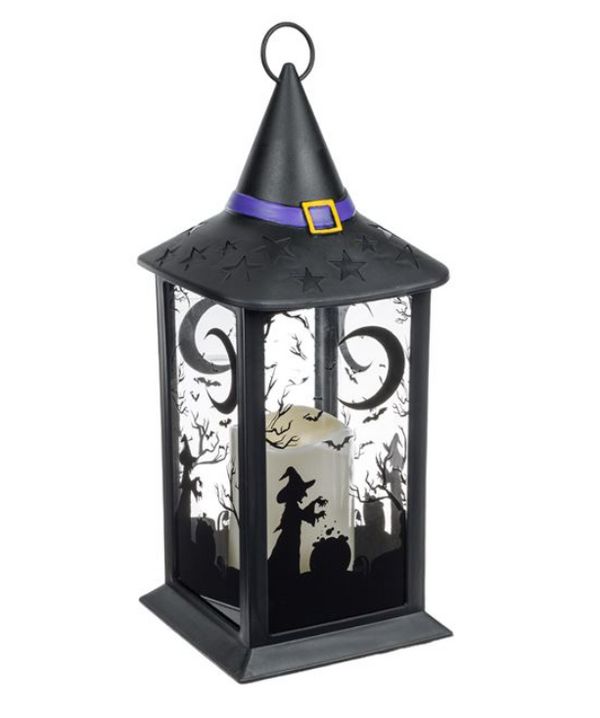 Felinar Decorativ de Halloween Negru Vrajitoare cu Palarie LED 14x14x35cm