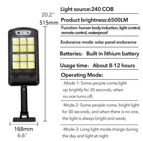 Lampa Stradala cu Incarcare Solara 5000lm cu Senzor de Mișcare, Celulă Foto și Telecomandă