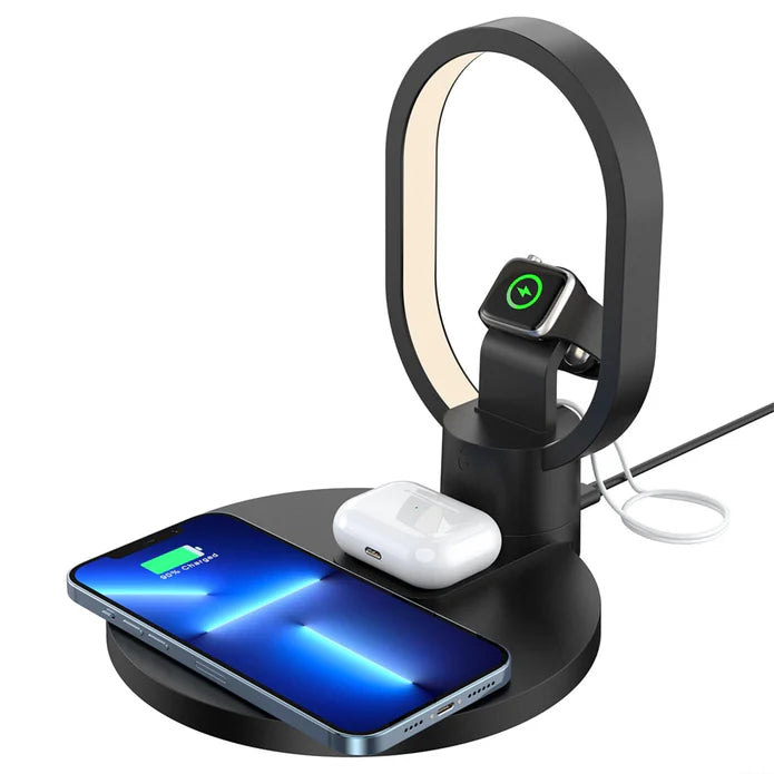 Incarcator wireless telefon, ceas si casti cu functie lampa Iluminare LED, 4 in 1, Fast Charger 15W Incarcare Rapida, Cablu Usb Tip C Inclus