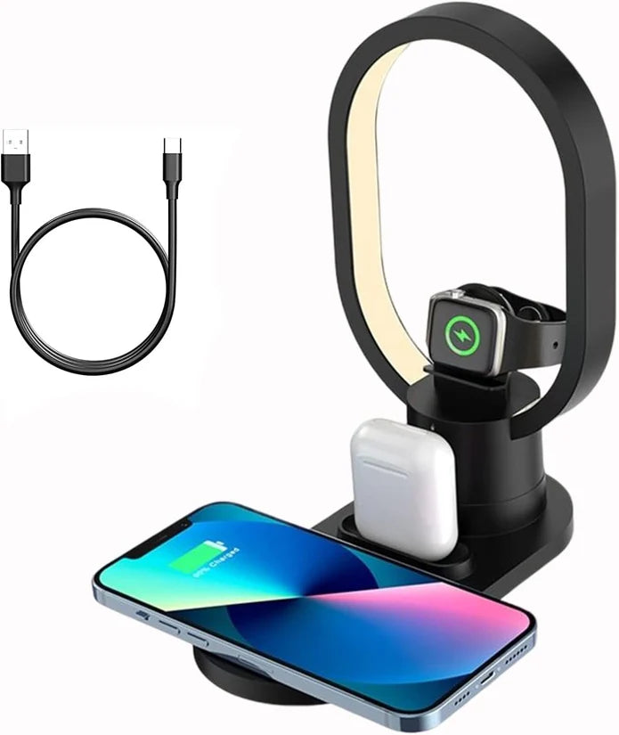 Incarcator wireless telefon, ceas si casti cu functie lampa Iluminare LED, 4 in 1, Fast Charger 15W Incarcare Rapida, Cablu Usb Tip C Inclus