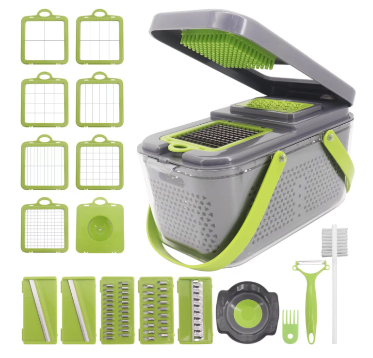 Razatoare Multifunctionala Pentru Legume Si Fructe Cu 22 De Accesorii, Manuala, Lame Din Otel, Inoxidabil, Feliere, Radere, Taietor, Gri Verde 