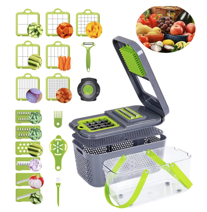 Razatoare Multifunctionala Pentru Legume Si Fructe Cu 22 De Accesorii, Manuala, Lame Din Otel, Inoxidabil, Feliere, Radere, Taietor, Gri Verde 