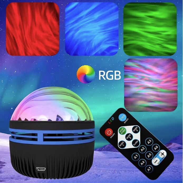 Lampa de veghe cu lumina Aurora Boreala LED, cu functie proiector lumini, Alimentare USB, Reglare Intensitate, Negru, RGB