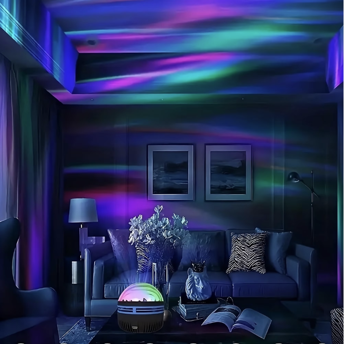 Lampa de veghe cu lumina Aurora Boreala LED, cu functie proiector lumini, Alimentare USB, Reglare Intensitate, Negru, RGB