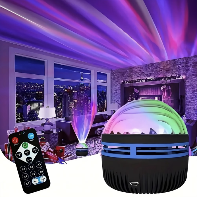 Lampa de veghe cu lumina Aurora Boreala LED, cu functie proiector lumini, Alimentare USB, Reglare Intensitate, Negru, RGB