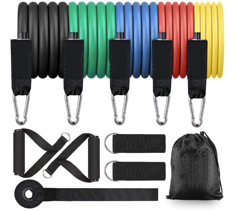 Set Antrenament - Extensor cu 11 Accesorii, 5 Benzi Elastice, 2 Manere, 2 Chingi picioare, Ancora usa, Saculet, Fitness, Negru